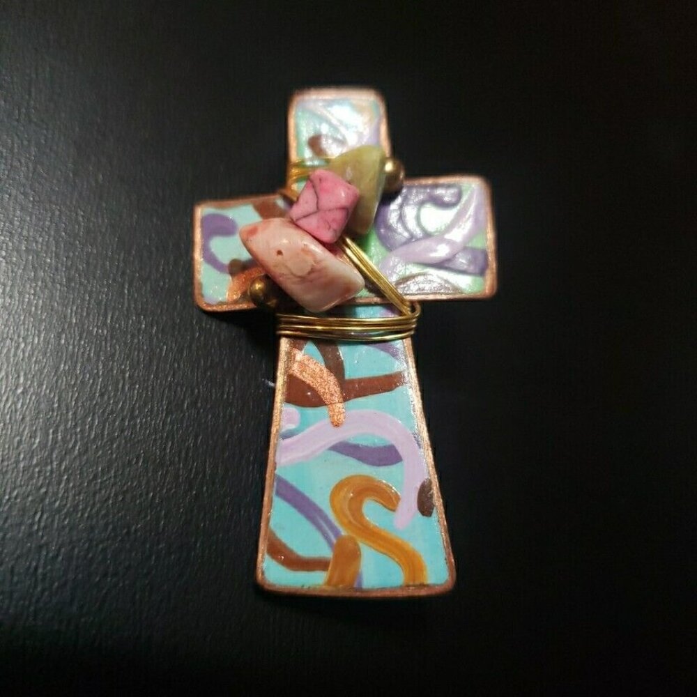 Wire Wrapped Handcrafted Copper Cross Brooch Pin